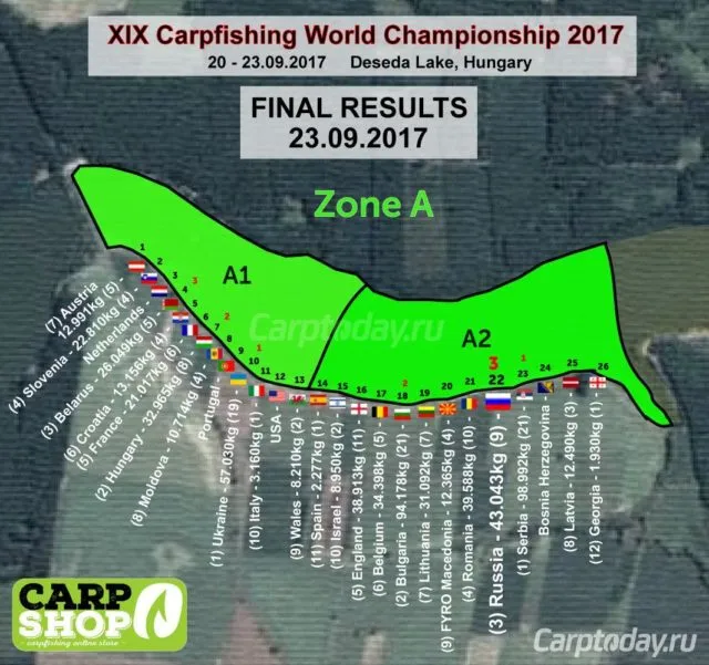 Схема зон A1 и A2 с результатами чемпионата мира по карпфишингу 2017 в Венгрии