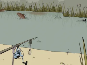 Ловля карпа на заиленном дне водоёма с зарослями камыша и поплавками на воде